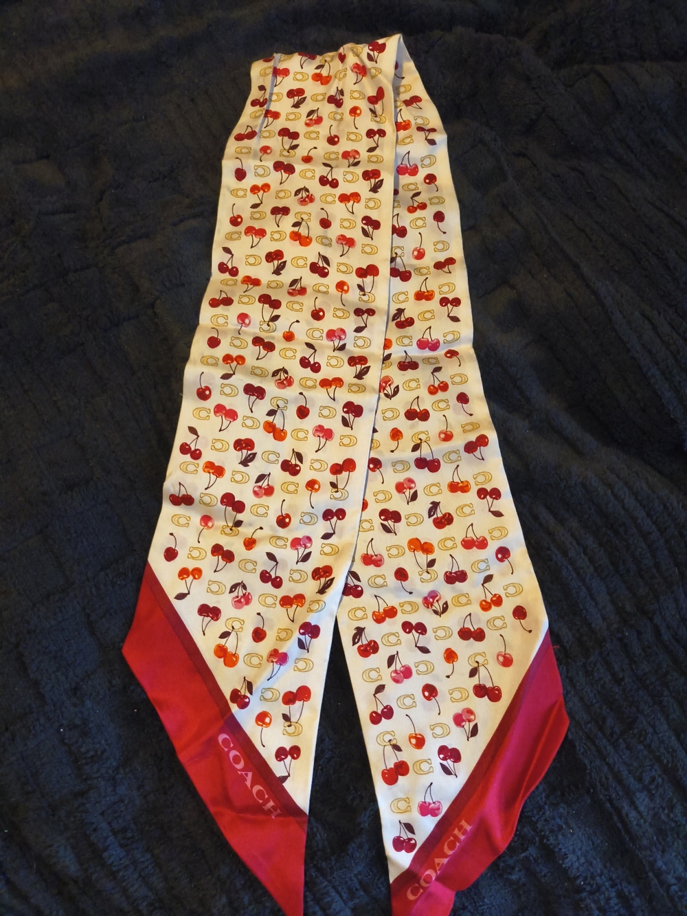 Coach Cherry Pattern Silk Twilly Scarf - Cream and Red